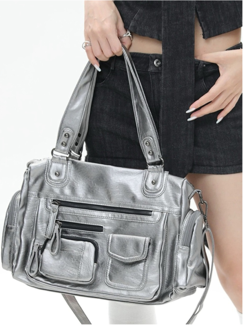 Y2K Metallic Silver Multi-Pocket Shoulder Bag/Crossbody Bag NWOT Futuristic